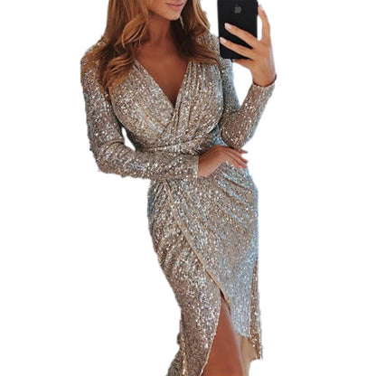 GlowSculpt – Vestido Bodycon de Manga Larga con Efecto Bronce para la Mujer que Ilumina la Noche