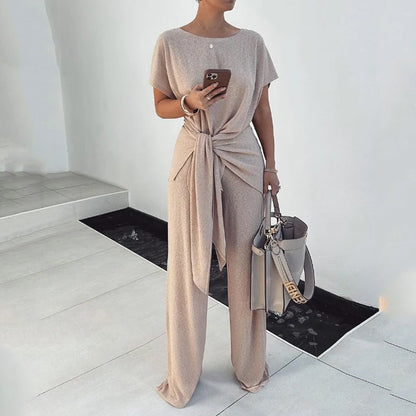 Pleated Knit Lace-Up Jumpsuit