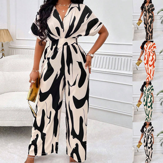 Relaxed V-Neck Printed Jumpsuit