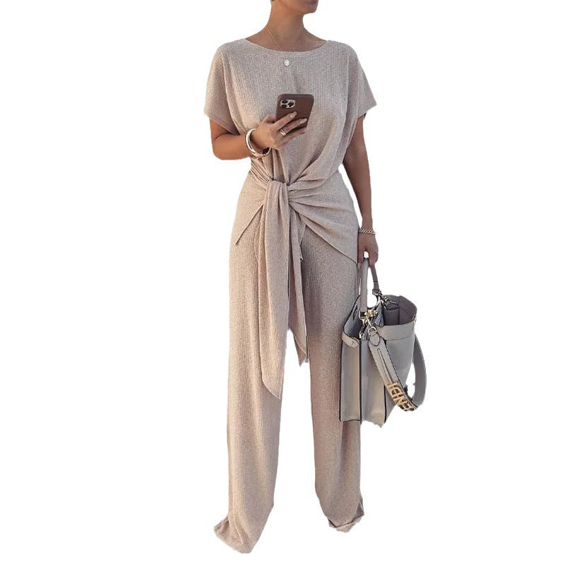 Pleated Knit Lace-Up Jumpsuit
