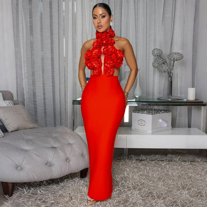 Floral Appliqué Halter Gown