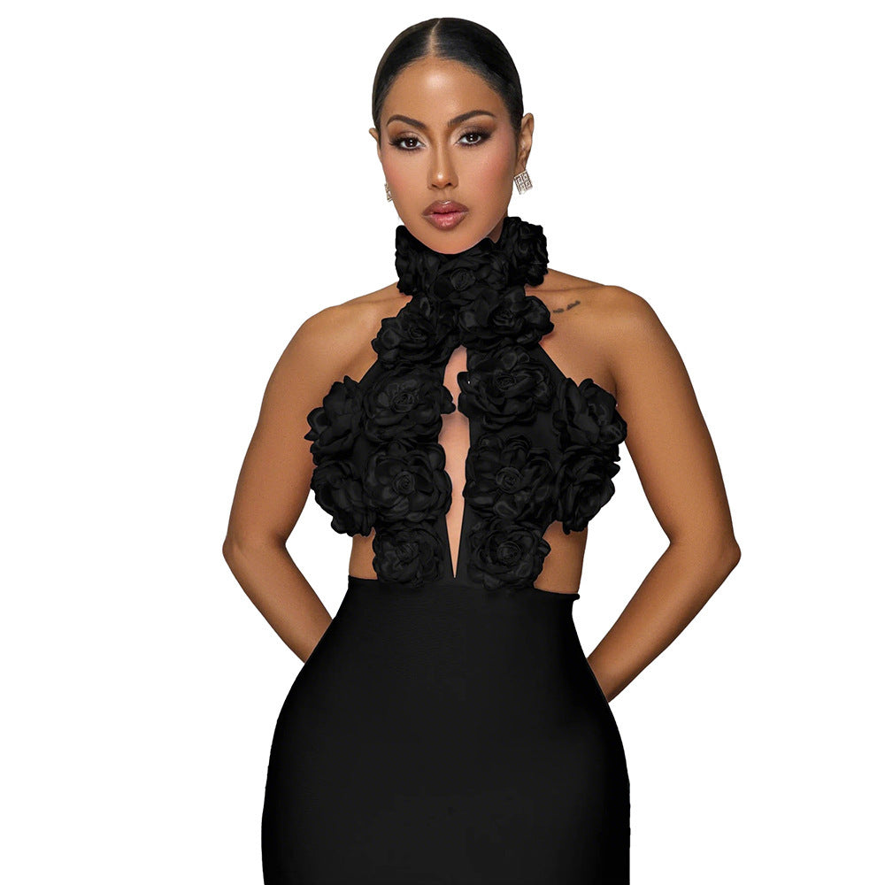 Floral Appliqué Halter Gown