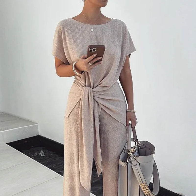 Pleated Knit Lace-Up Jumpsuit