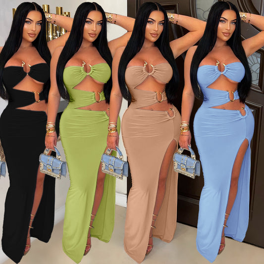 Eyelet Knit High-Slit Dress