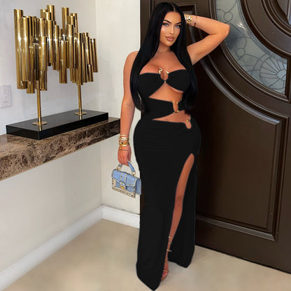 Eyelet Knit High-Slit Dress