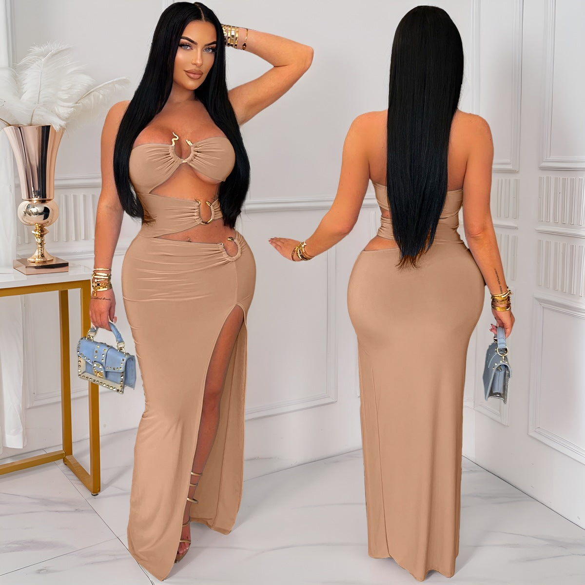 Eyelet Knit High-Slit Dress