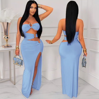 Eyelet Knit High-Slit Dress