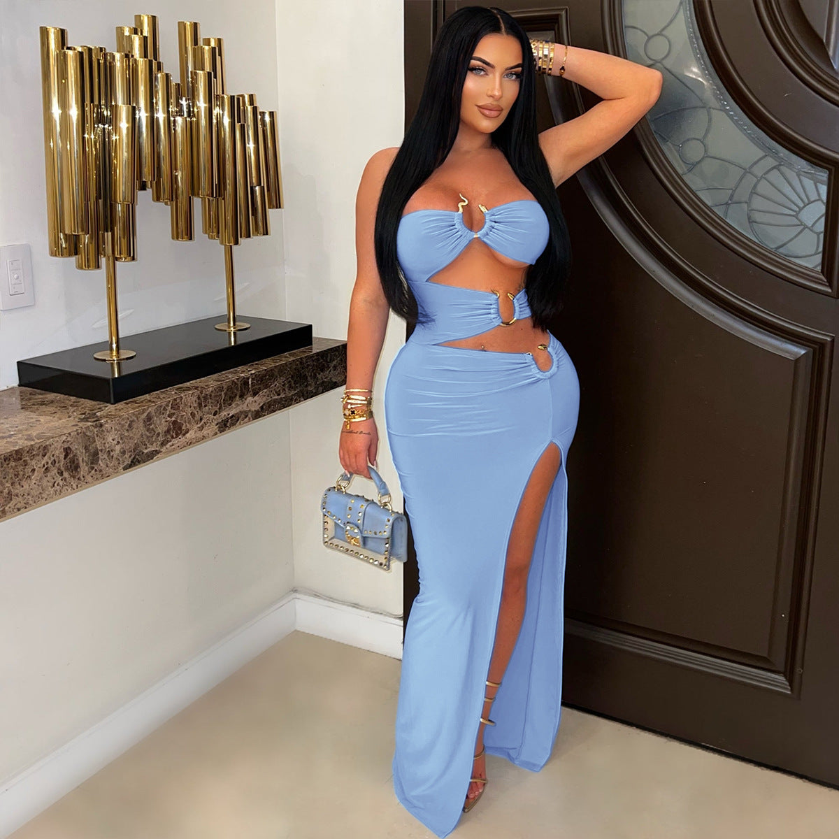 Eyelet Knit High-Slit Dress