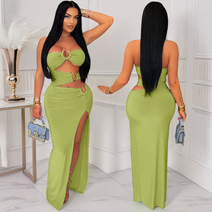 Eyelet Knit High-Slit Dress