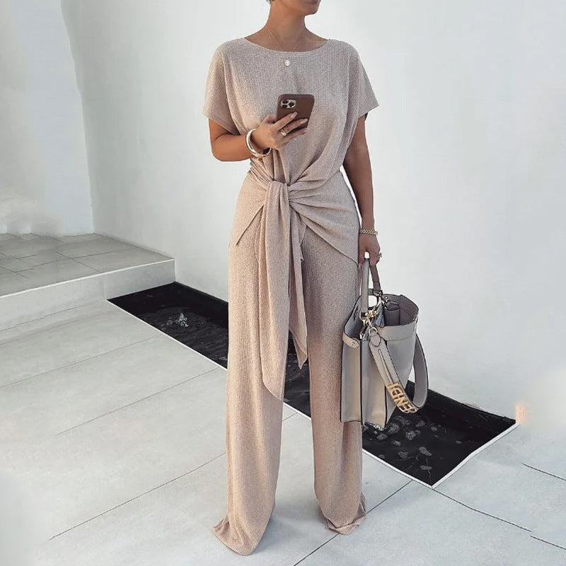 Pleated Knit Lace-Up Jumpsuit
