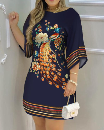 AuraBloom – Vestido Estampado Cuello Redondo para la Reina Natural