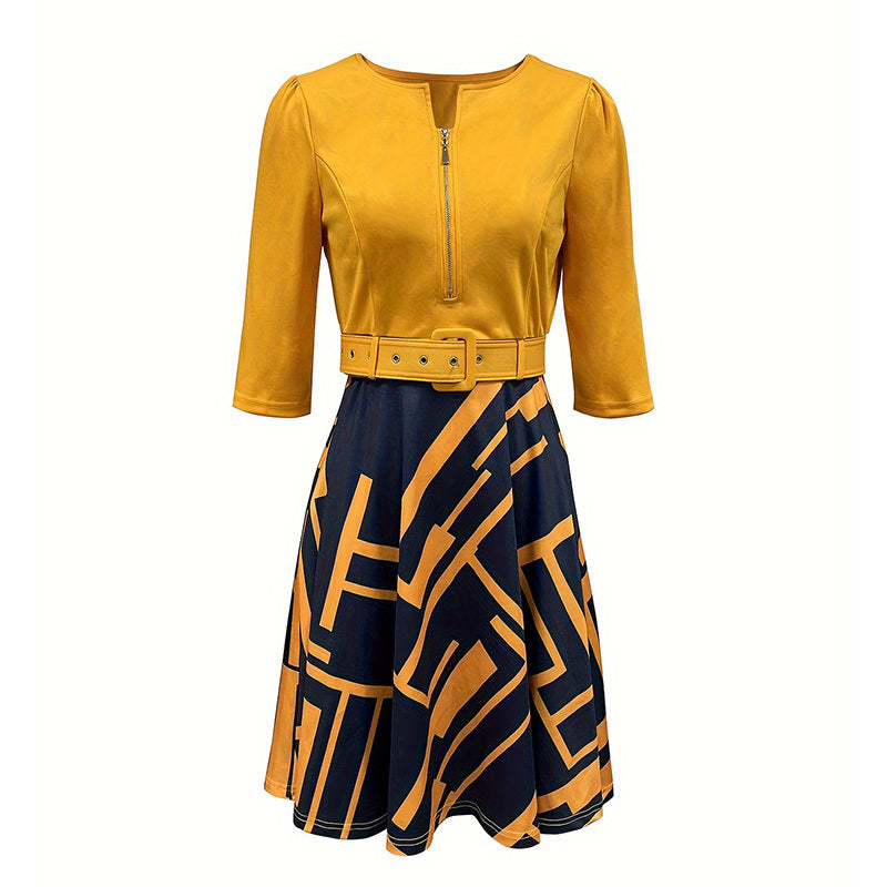 Geo-Print Zip-Neck Midi Dress