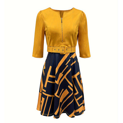 Geo-Print Zip-Neck Midi Dress